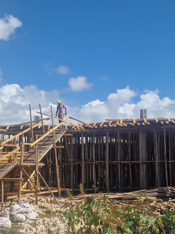 Ceiling formwork and steel structure are completely prepped and inspected, ready to proceed with the concrete pour.